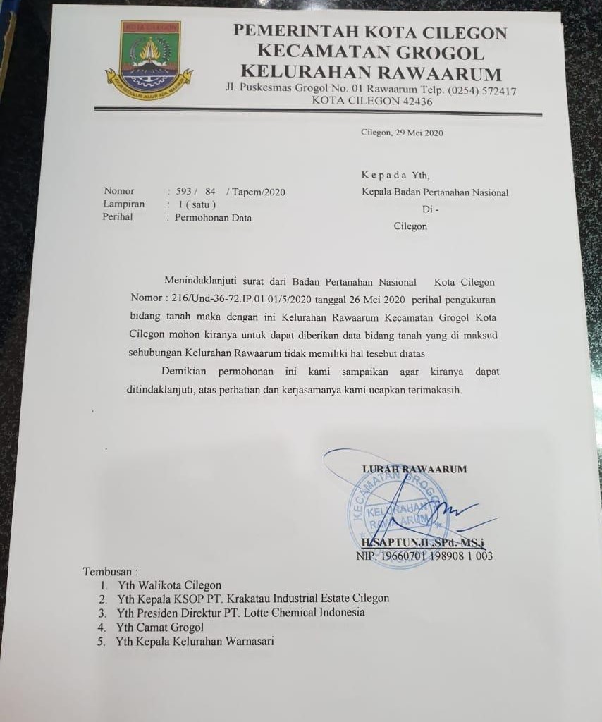 Lurah Rawa Arum Pertanyakan Dokumen Bidang Tanah Hasil Reklamasi ke BPN kota Cilegon